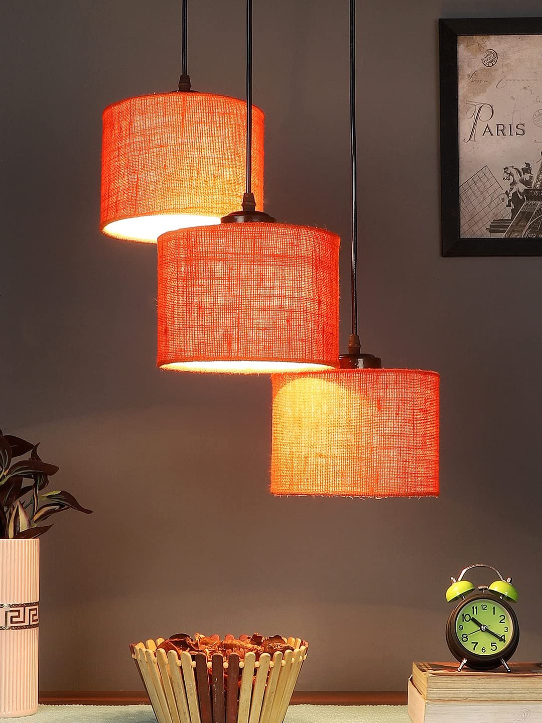 Orange Jute Round Drum Cluster Hanging Lamp