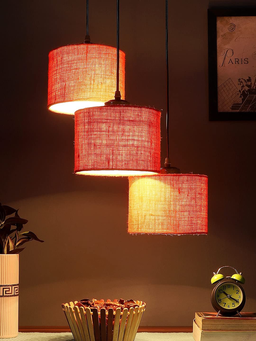 Orange Jute Round Drum Cluster Hanging Lamp