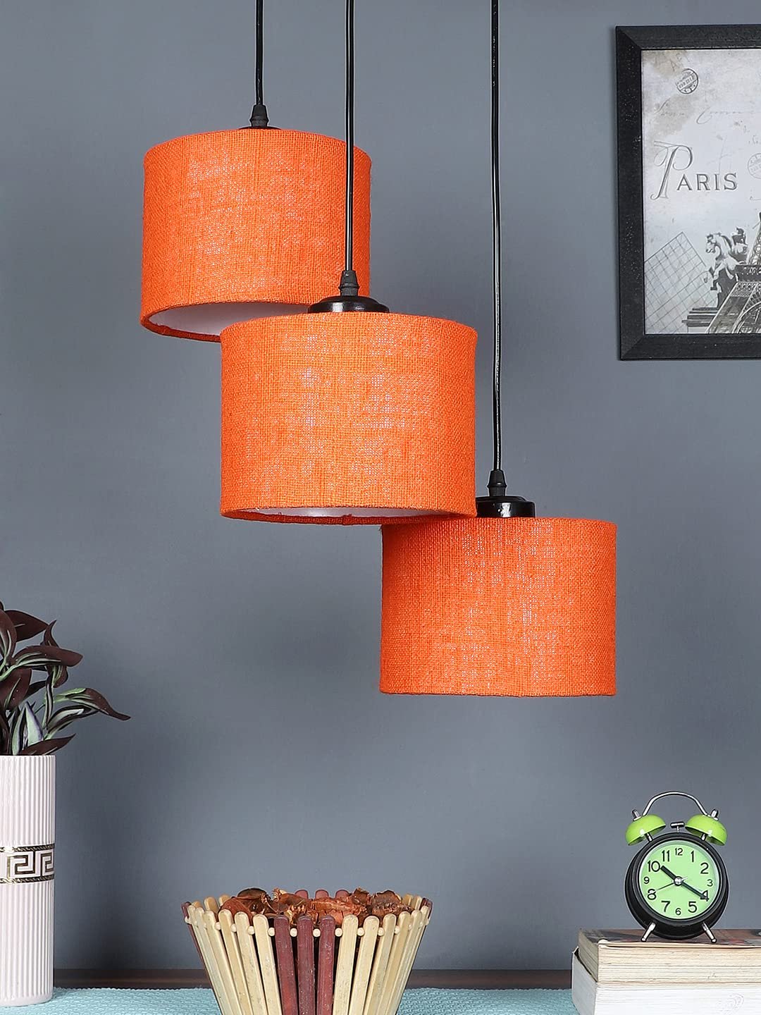 Orange Jute Round Drum Cluster Hanging Lamp
