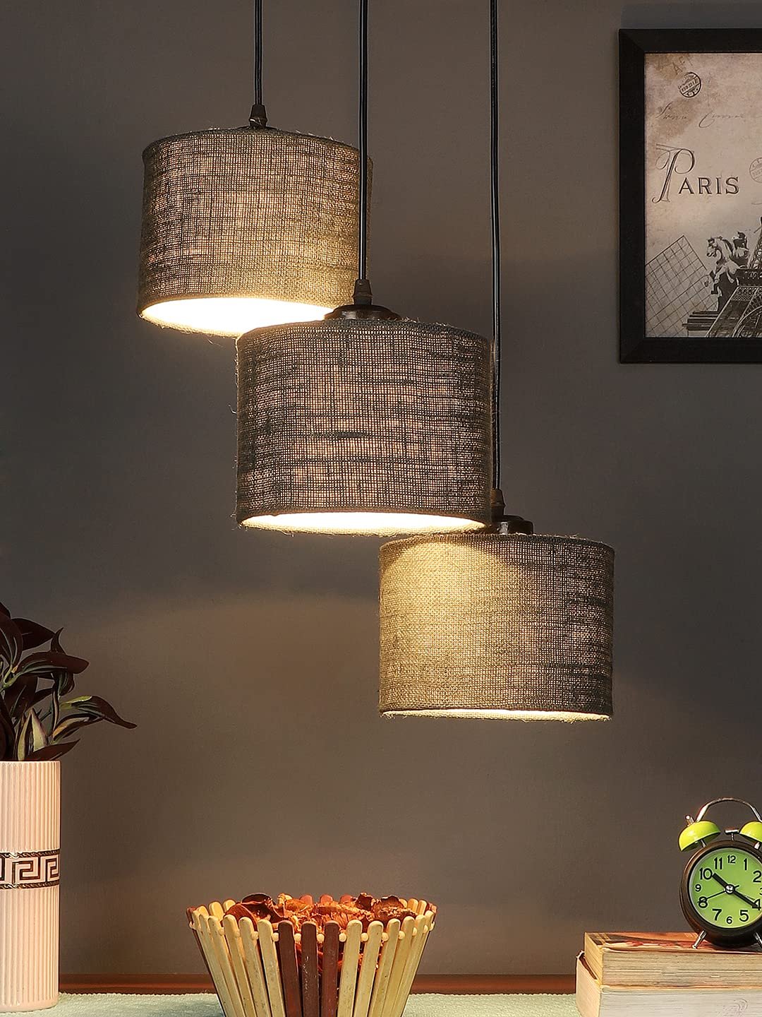 Grey Jute Round Drum Cluster Hanging Lamp