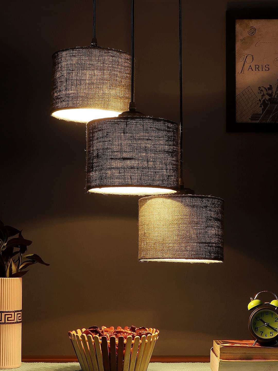 Grey Jute Round Drum Cluster Hanging Lamp
