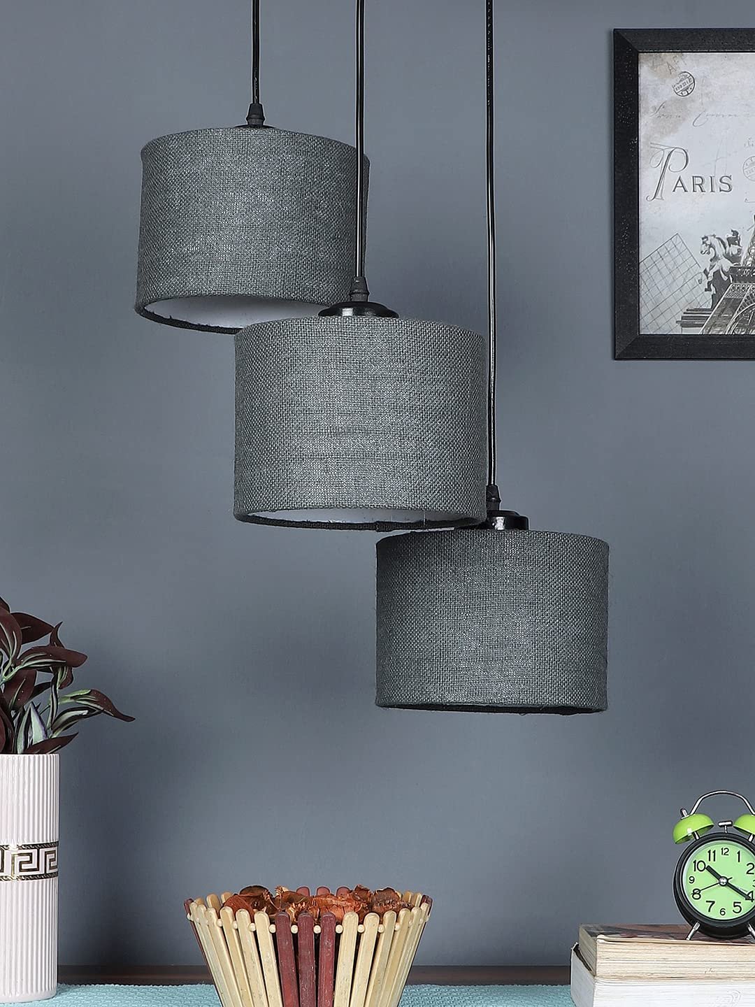 Grey Jute Round Drum Cluster Hanging Lamp
