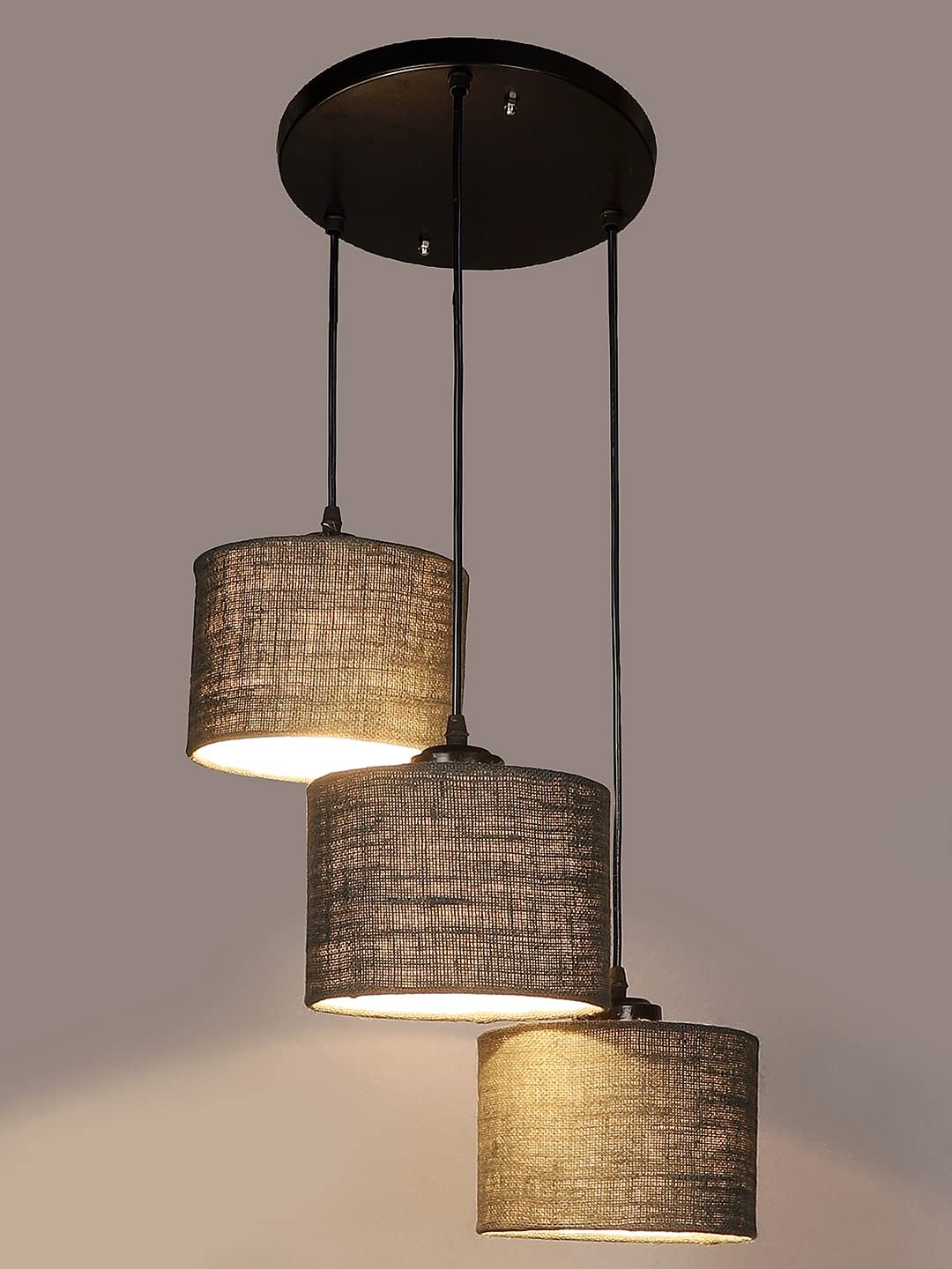 Grey Jute Round Drum Cluster Hanging Lamp
