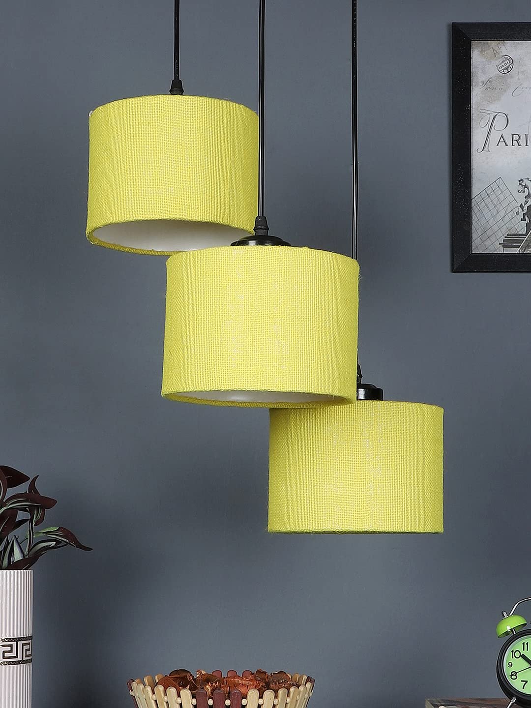 Yellow Jute Round Drum Cluster Hanging Lamp