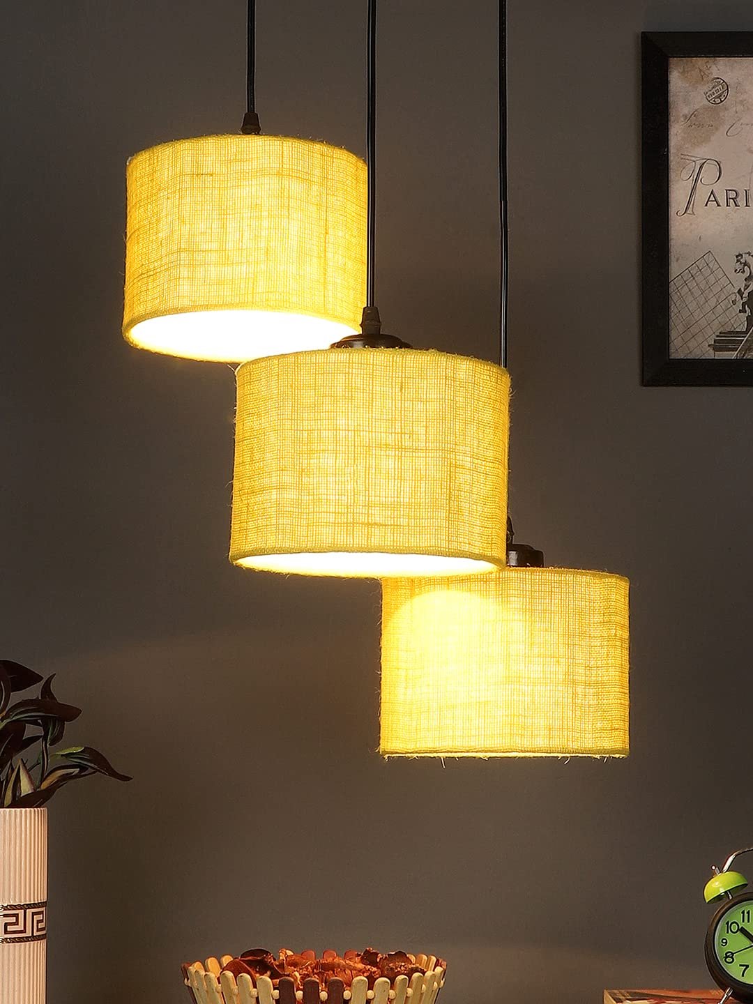 Yellow Jute Round Drum Cluster Hanging Lamp