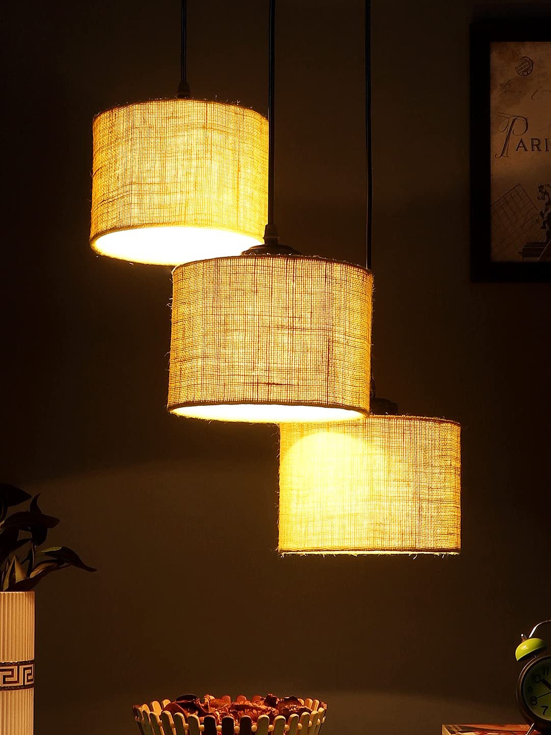 Yellow Jute Round Drum Cluster Hanging Lamp