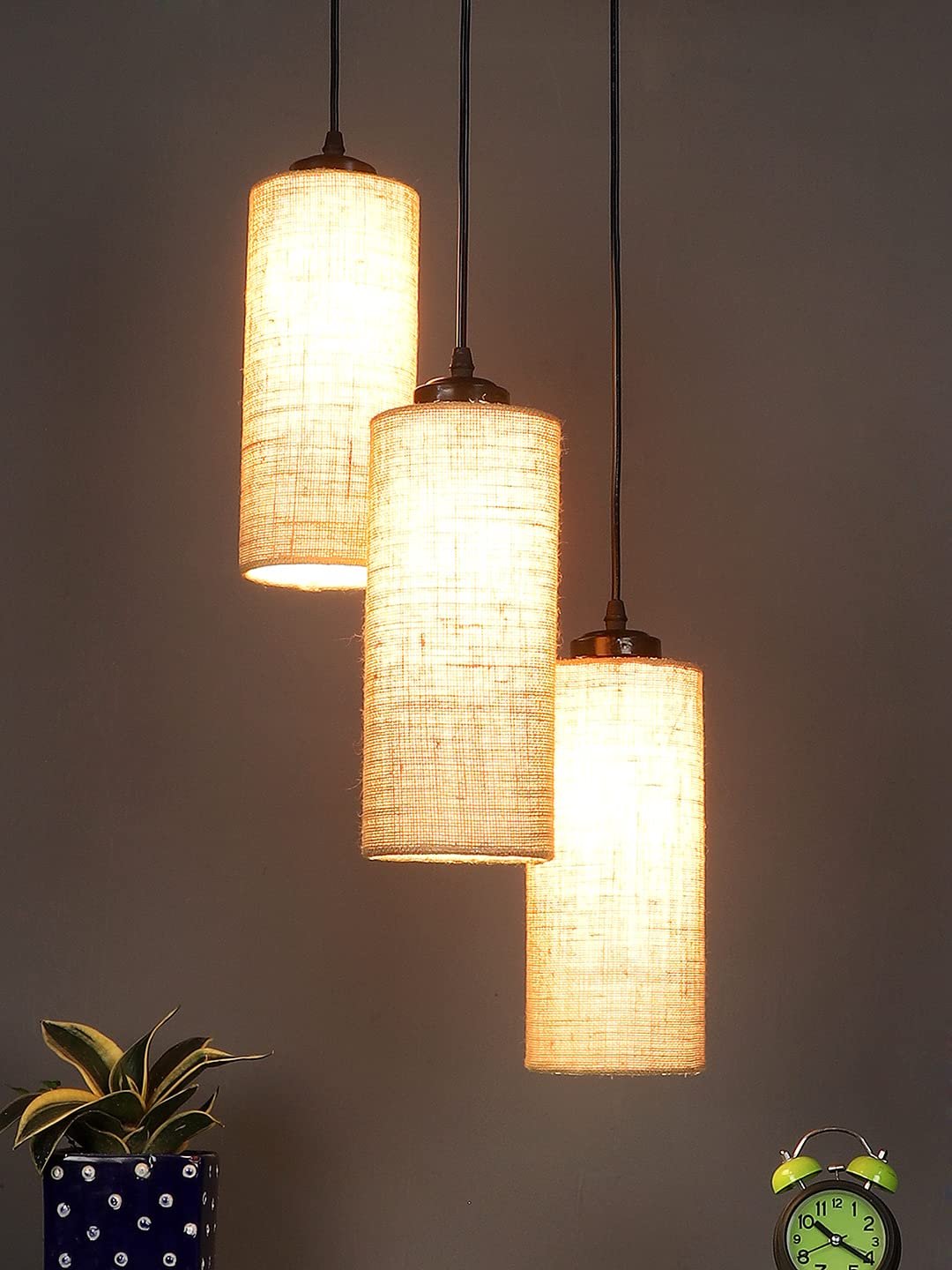 Beige Jute Cylindrical Cluster Hanging Lamp