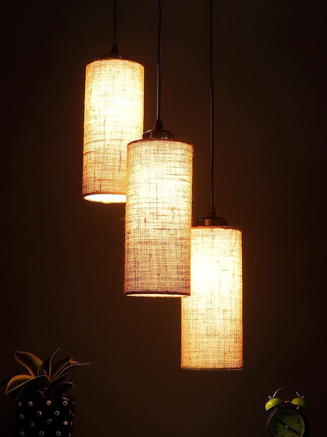 Beige Jute Cylindrical Cluster Hanging Lamp