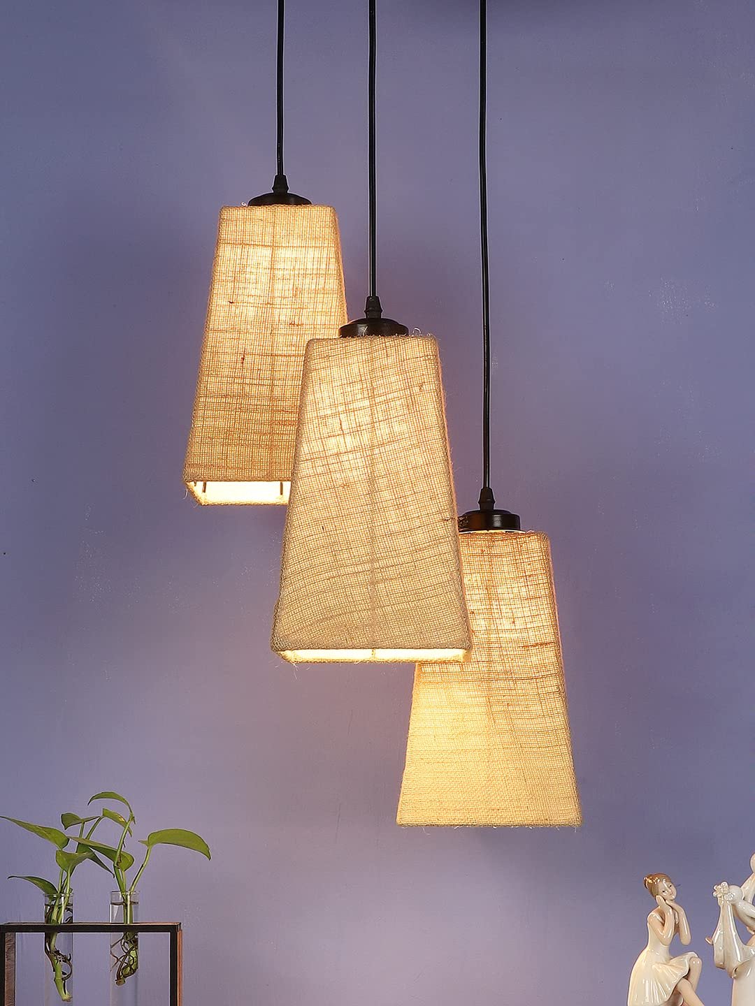 Beige Jute Pyramid Cluster Hanging Lamp