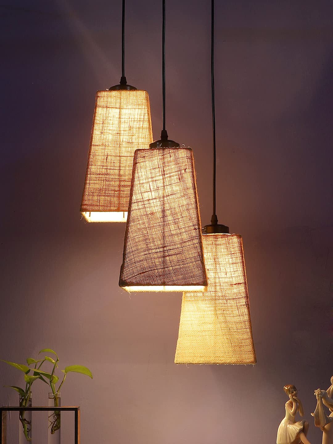 Beige Jute Pyramid Cluster Hanging Lamp