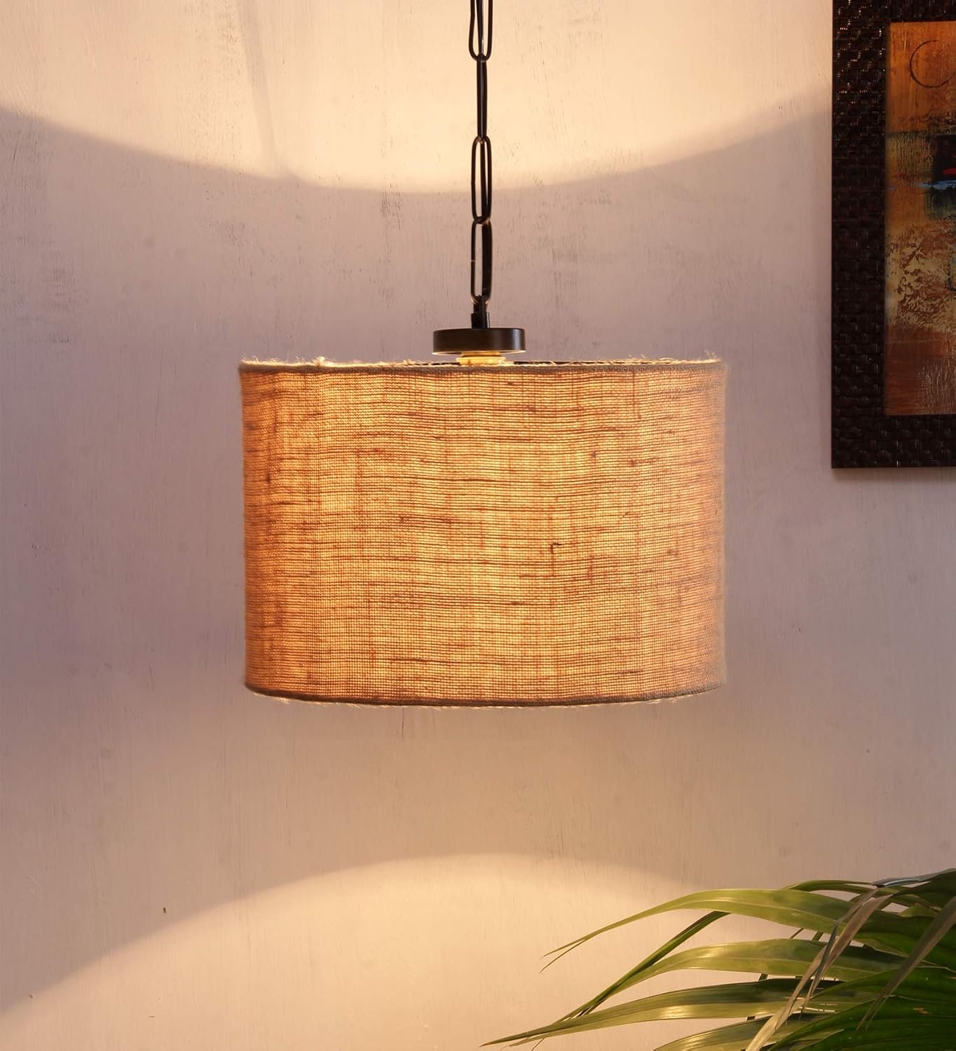 Jute Shade Iron Hanging Lamp (Beige, 12x12x21)- P14
