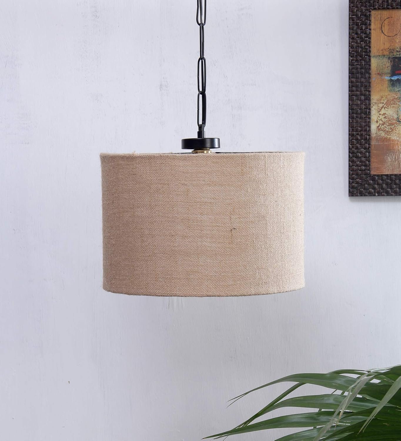 Jute Shade Iron Hanging Lamp (Beige, 12x12x21)- P14