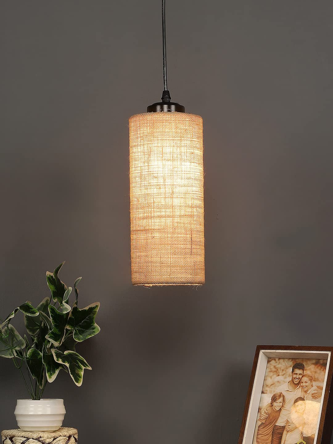 Beige Jute Cylindrical Hanging Lamp (SH08)