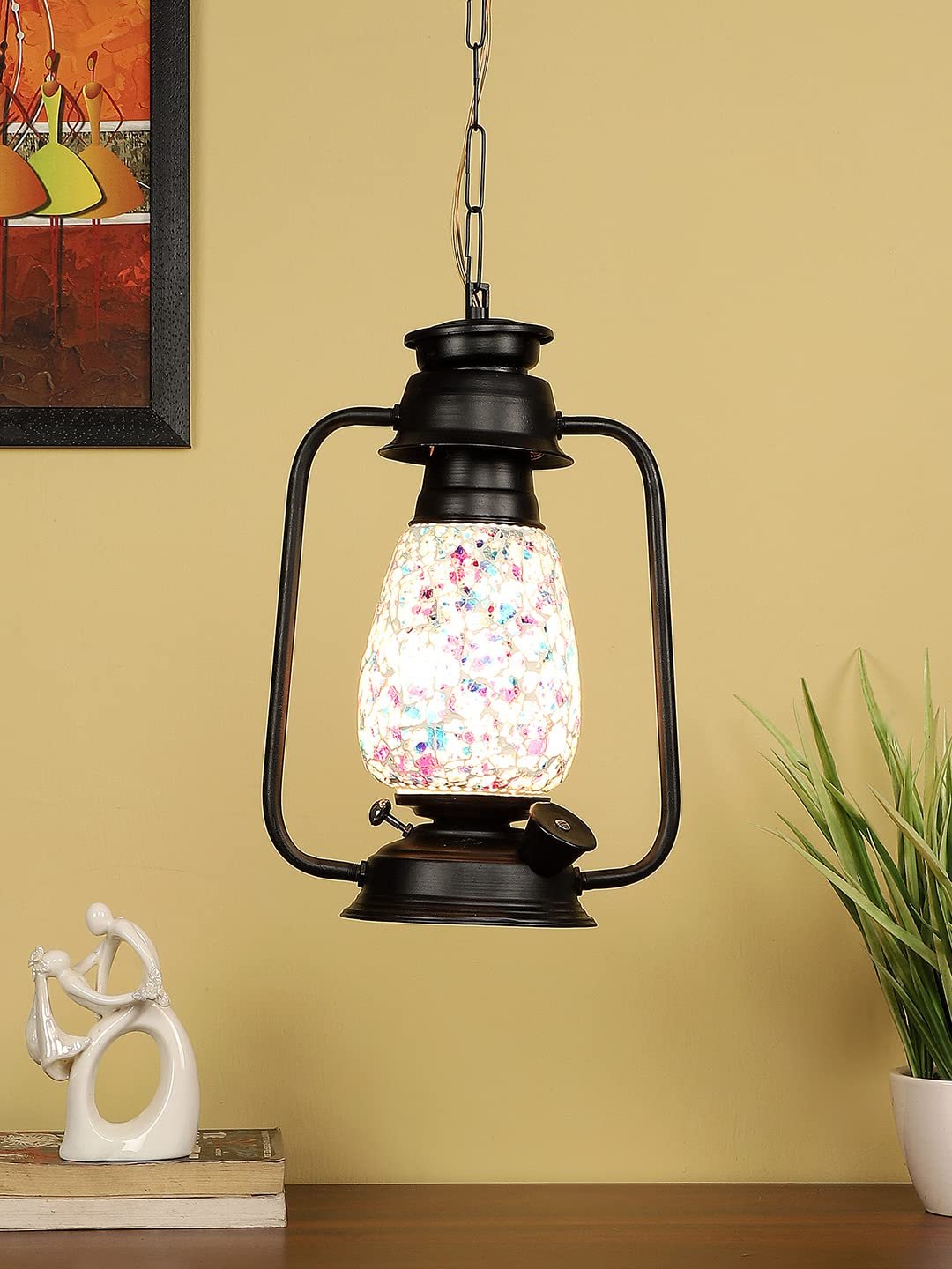 Black Lantern Hanging Lamp with Mosaic Glass (SH75)