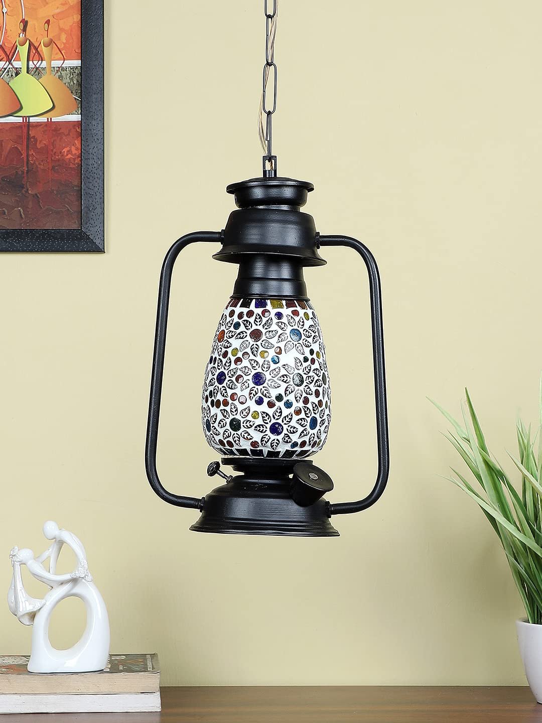 Black Lantern Hanging Lamp with Mosaic Glass (SH76)