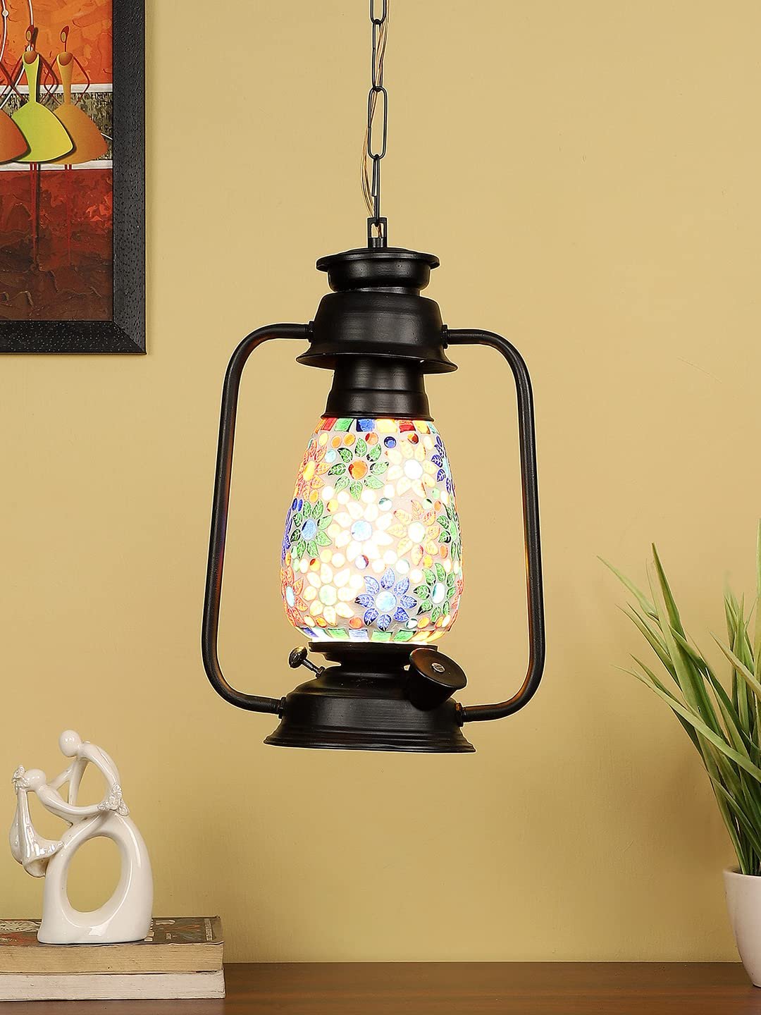 Black Lantern Hanging Lamp with Mosaic Glass (SH76)