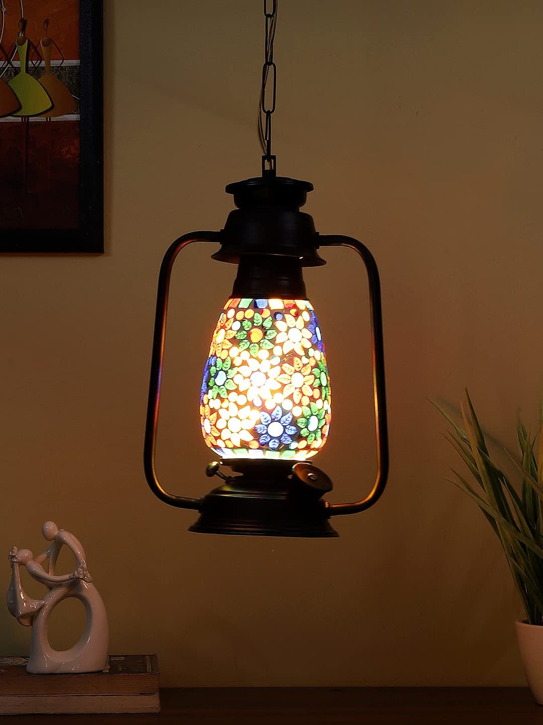 Black Lantern Hanging Lamp with Mosaic Glass (SH76)