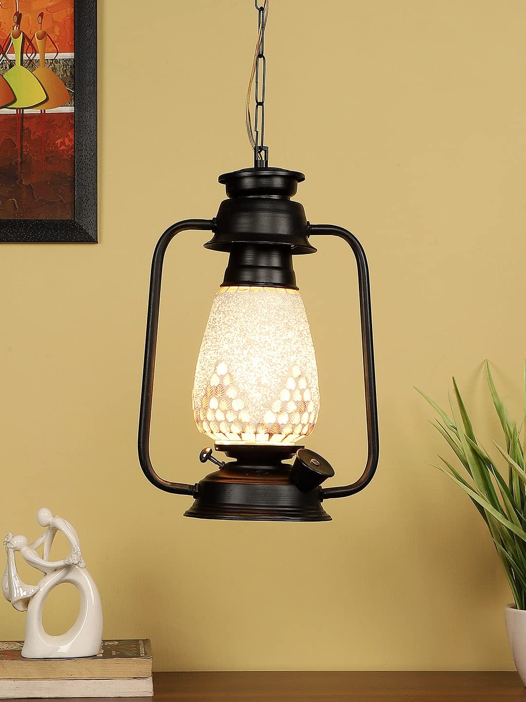 Black Lantern Hanging Lamp with Mosaic Glass (SH77)