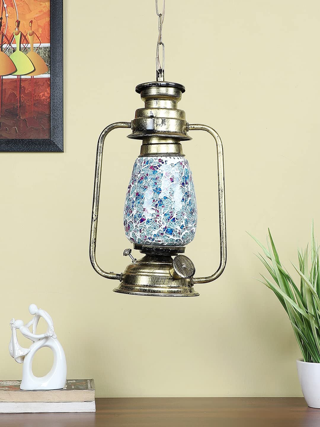 Gold Lantern Hanging Lamp with Mosaic Glass (SH78)