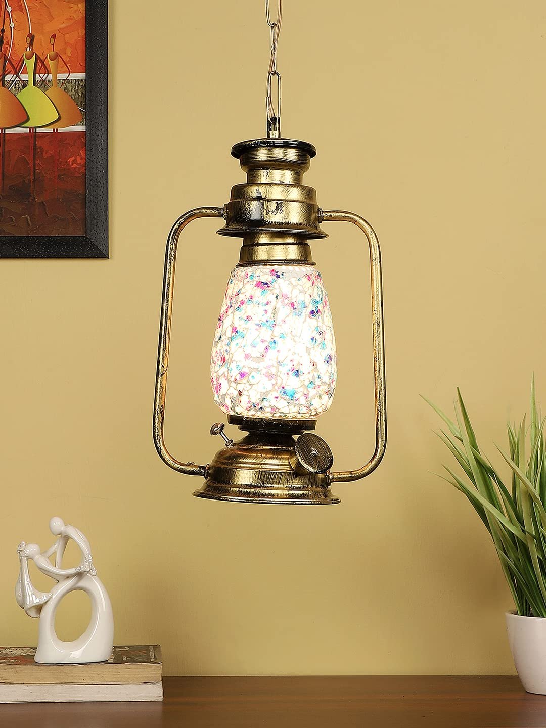 Gold Lantern Hanging Lamp with Mosaic Glass (SH78)