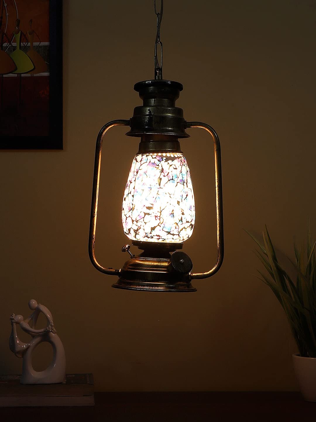 Gold Lantern Hanging Lamp with Mosaic Glass (SH78)