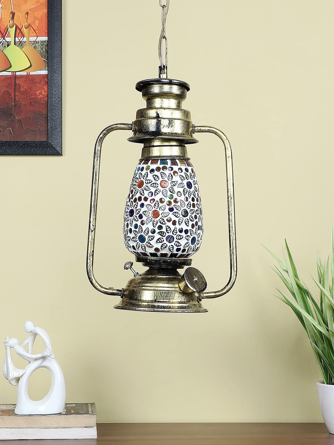 Gold Lantern Hanging Lamp with Mosaic Glass (SH79)