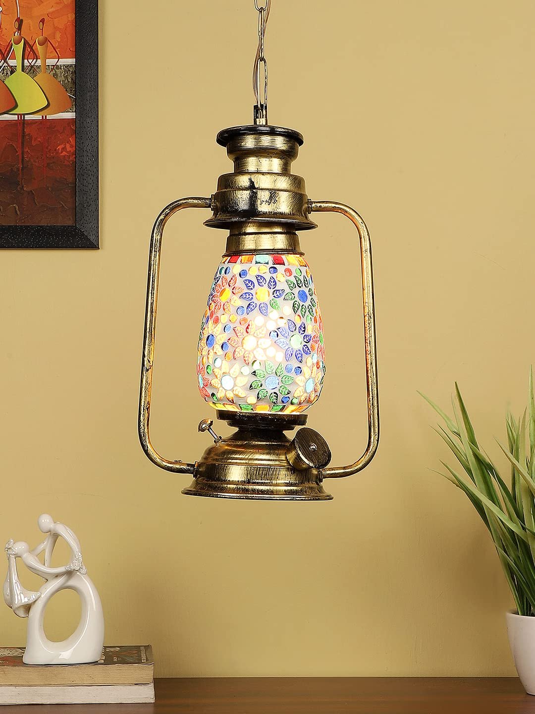 Gold Lantern Hanging Lamp with Mosaic Glass (SH79)