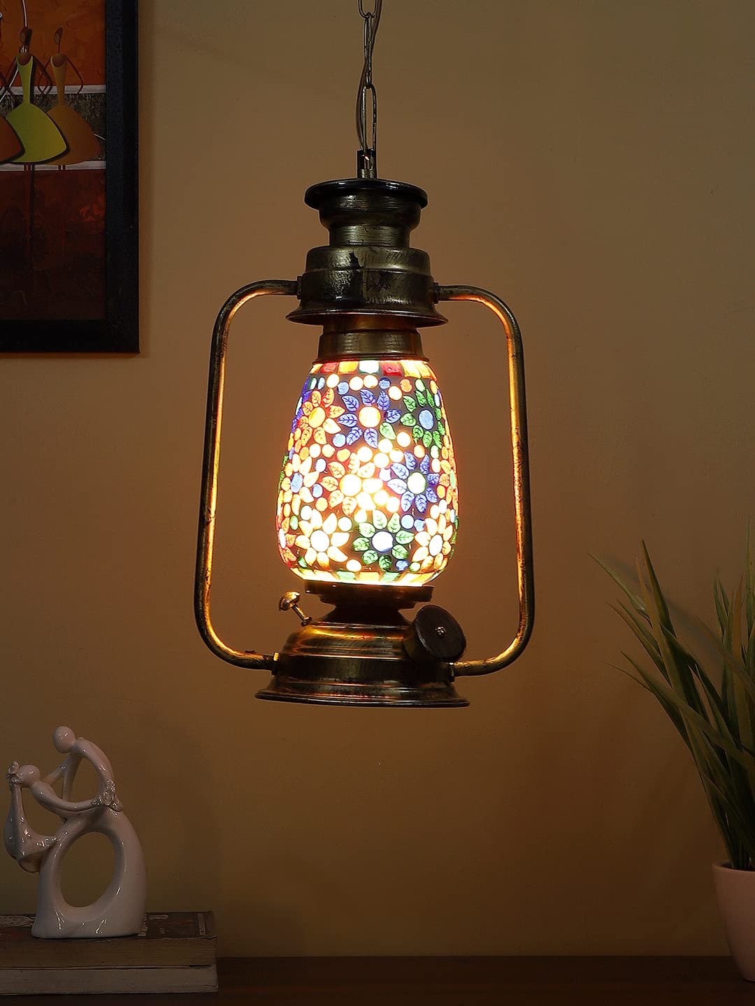 Gold Lantern Hanging Lamp with Mosaic Glass (SH79)