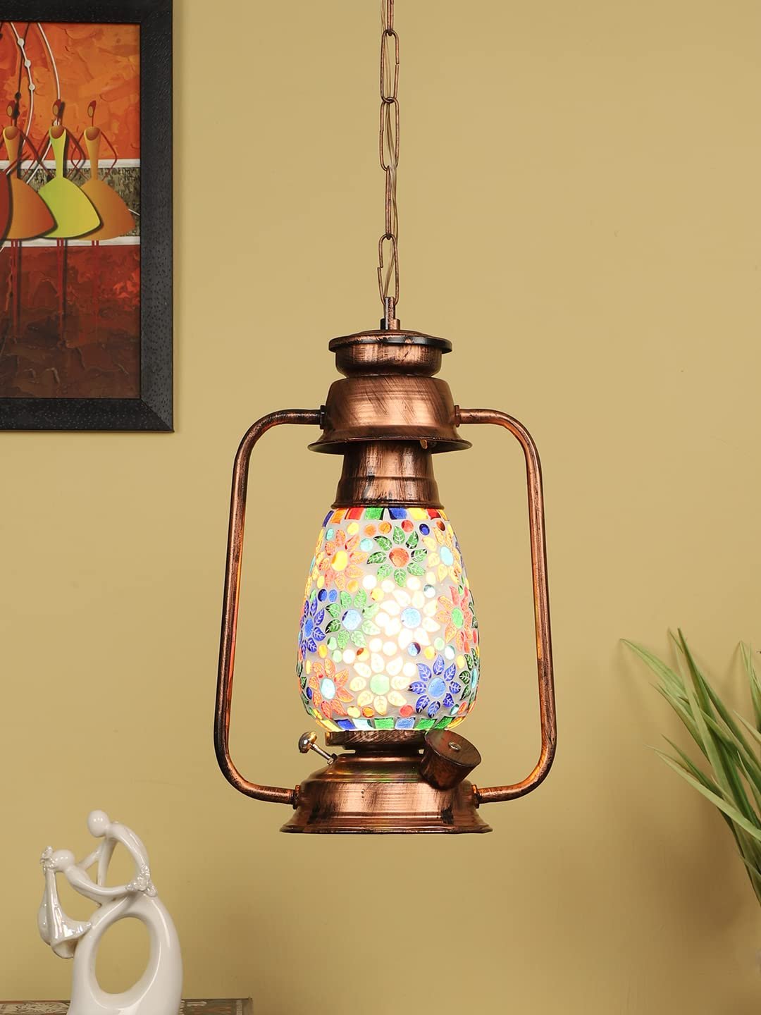 Copper Lantern Hanging Lamp with Mosaic Glass (SH82)