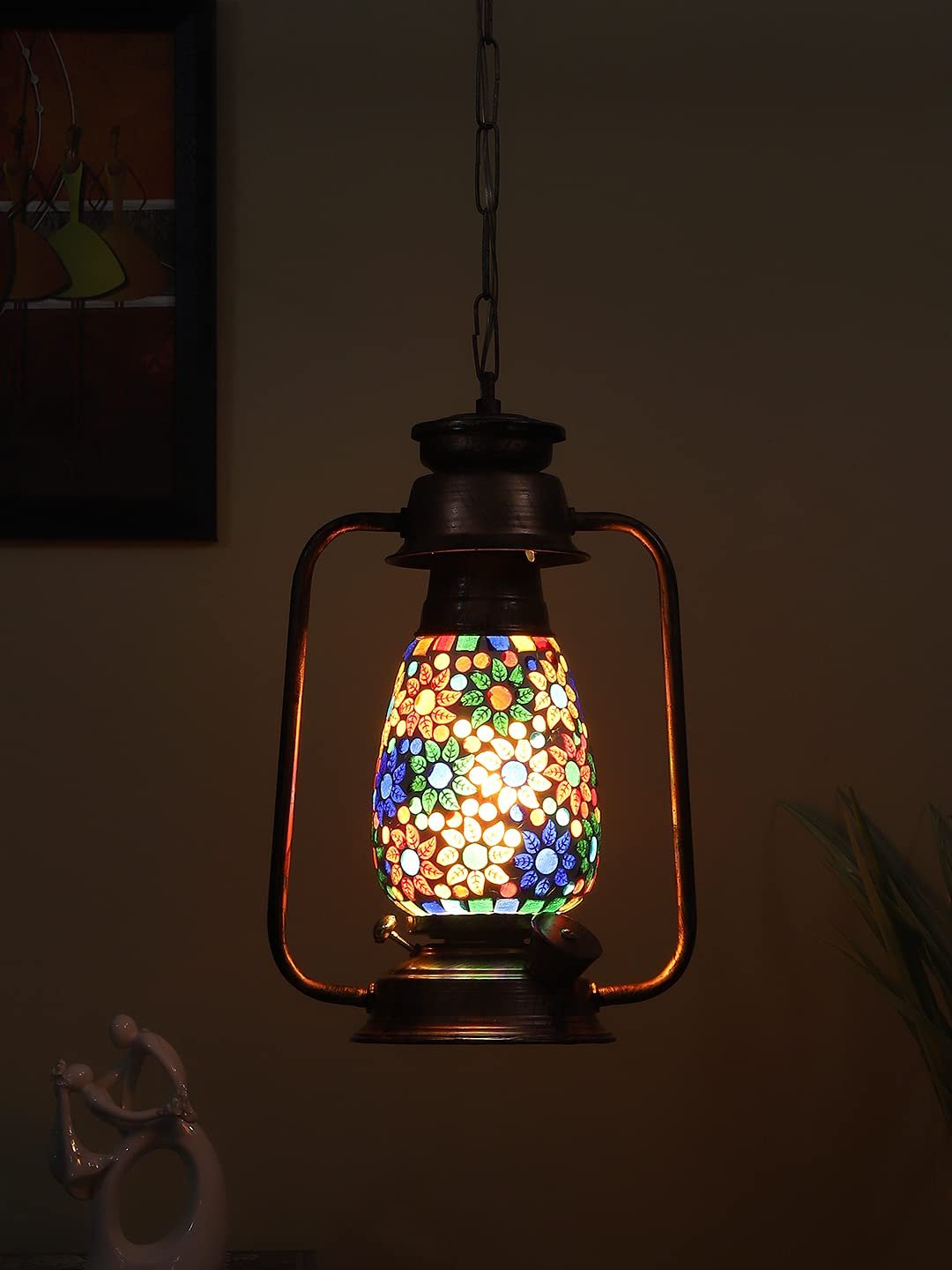 Copper Lantern Hanging Lamp with Mosaic Glass (SH82)