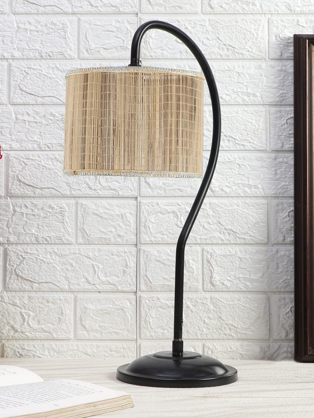 Round Bamboo Curvy Table lamp with Iron Base for Home/Office/Gifting - (Size :11x7x19.75 Inches) (SP00)