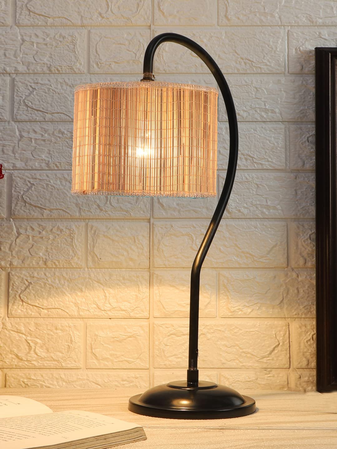 Round Bamboo Curvy Table lamp with Iron Base for Home/Office/Gifting - (Size :11x7x19.75 Inches) (SP00)