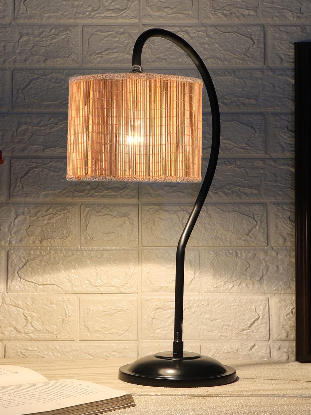 Round Bamboo Curvy Table lamp with Iron Base for Home/Office/Gifting - (Size :11x7x19.75 Inches) (SP00)