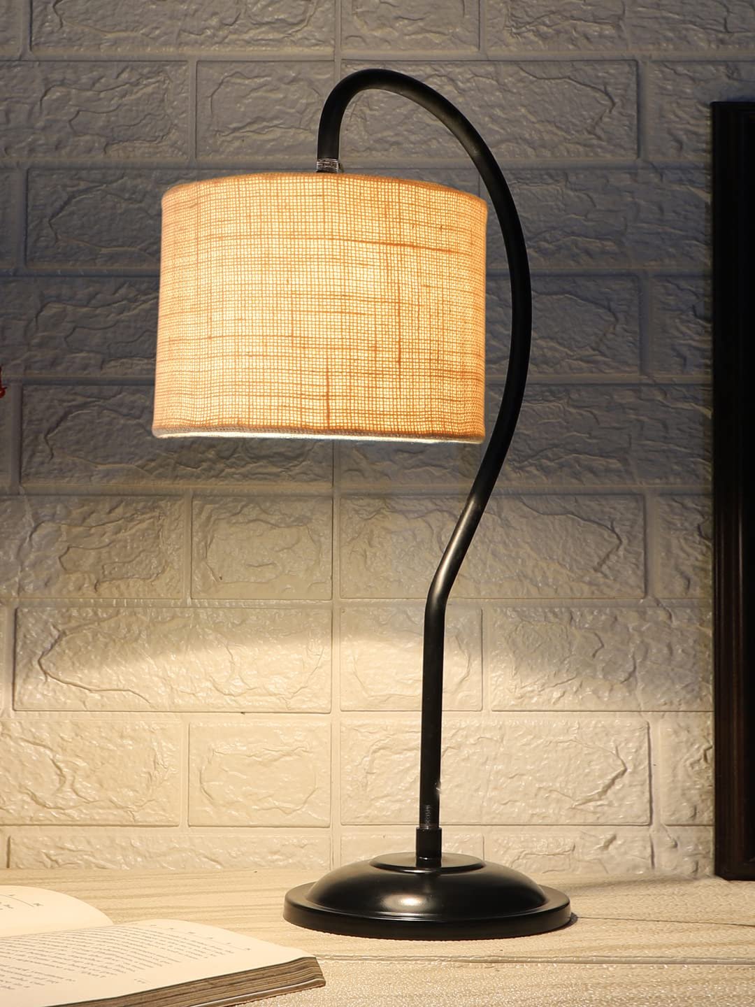 Jute Curvy Table Lamp with Iron Base for Home/Office/Gifting - (Size : 11x7x19.75Inches, Colour : White) (SP09)