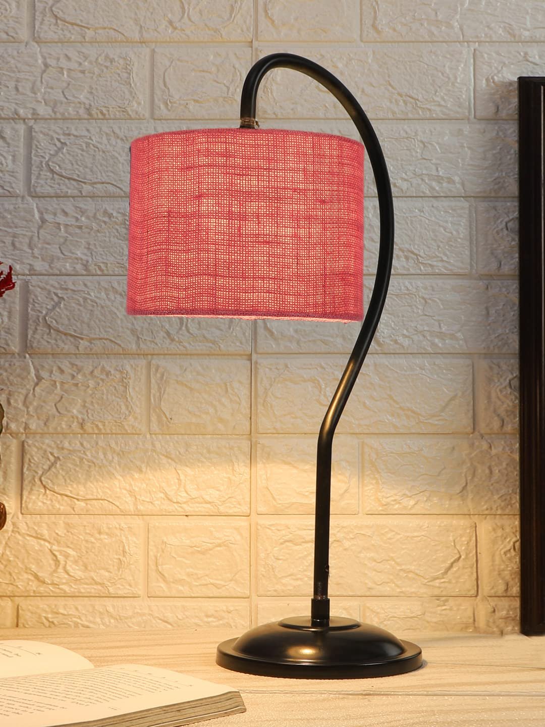Jute Curvy Table Lamp with Iron Base for Home/Office/Gifting - (Size : 11x7x19.75Inches, Colour : Pink) (SP10)