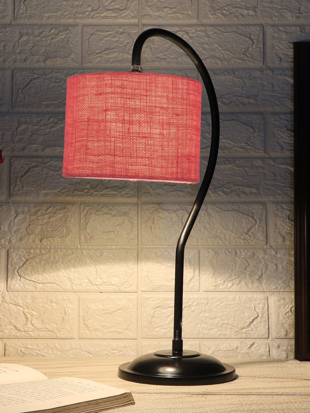 Jute Curvy Table Lamp with Iron Base for Home/Office/Gifting - (Size : 11x7x19.75Inches, Colour : Pink) (SP10)