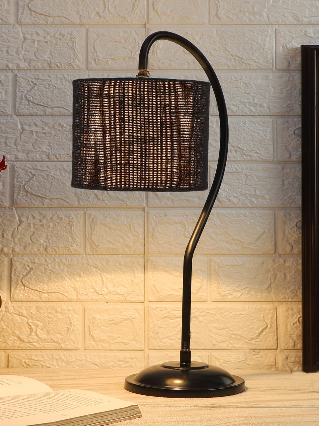 Jute Curvy Table Lamp with Iron Base for Home/Office/Gifting - (Size : 11x7x19.75, Colour : Black) (SP18)