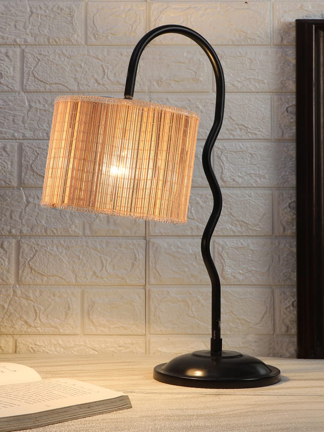 Round Bamboo Zig Zag Curvy Table lamp with Iron Base for Home/Office/Gifting - (Size : 13x7x18.9Inches) (SP22)