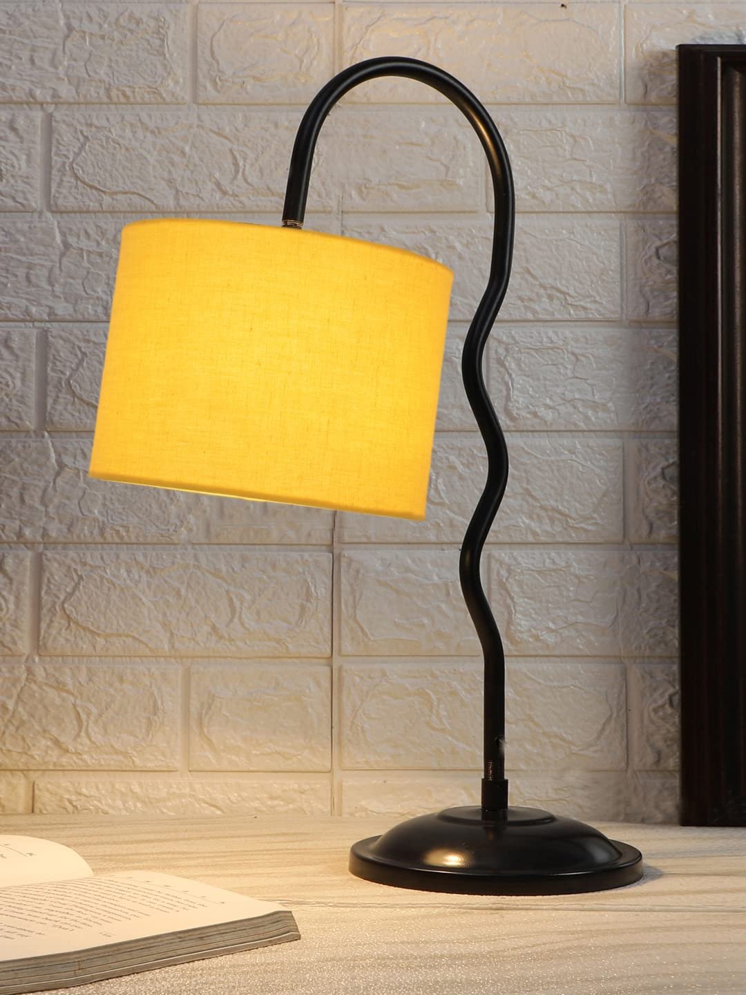 Cotton Zig Zag Curvy Table Lamp with Iron Base - (Size : 13x7x18.9Inches, Colour : Yellow) - (SP27)