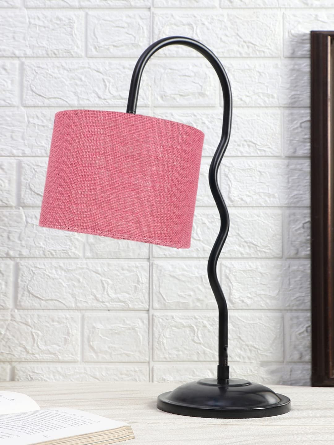 Jute Zig Zag Curvy Table Lamp with Iron Base for Home/Office/Gifting - (Size : 13x7x18.9, Colour : Pink) (SP32)