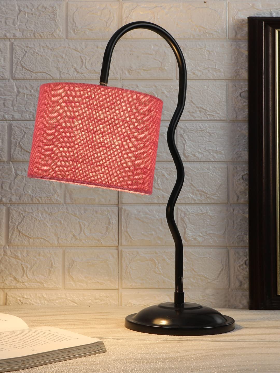 Jute Zig Zag Curvy Table Lamp with Iron Base for Home/Office/Gifting - (Size : 13x7x18.9, Colour : Pink) (SP32)