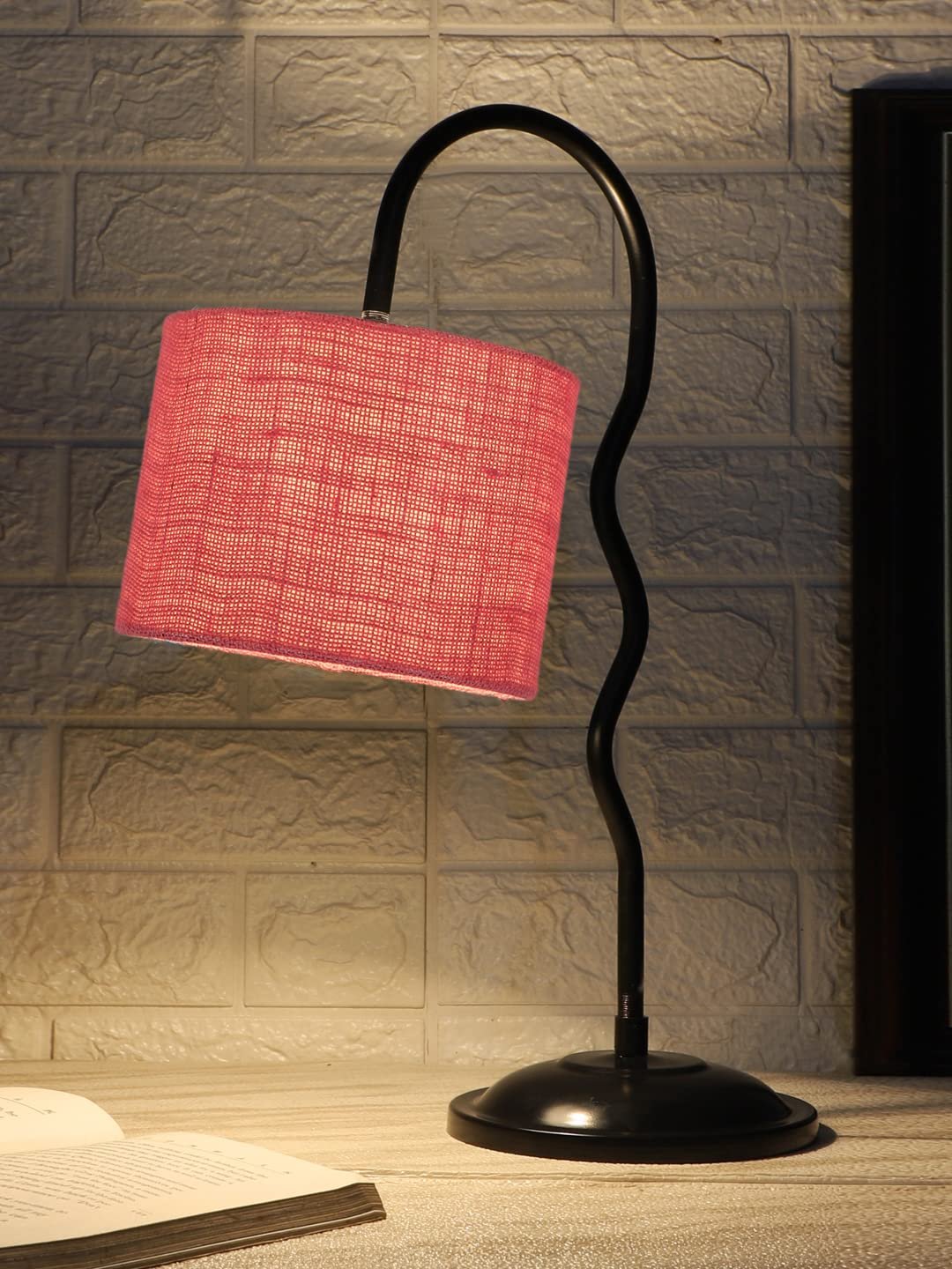 Jute Zig Zag Curvy Table Lamp with Iron Base for Home/Office/Gifting - (Size : 13x7x18.9, Colour : Pink) (SP32)
