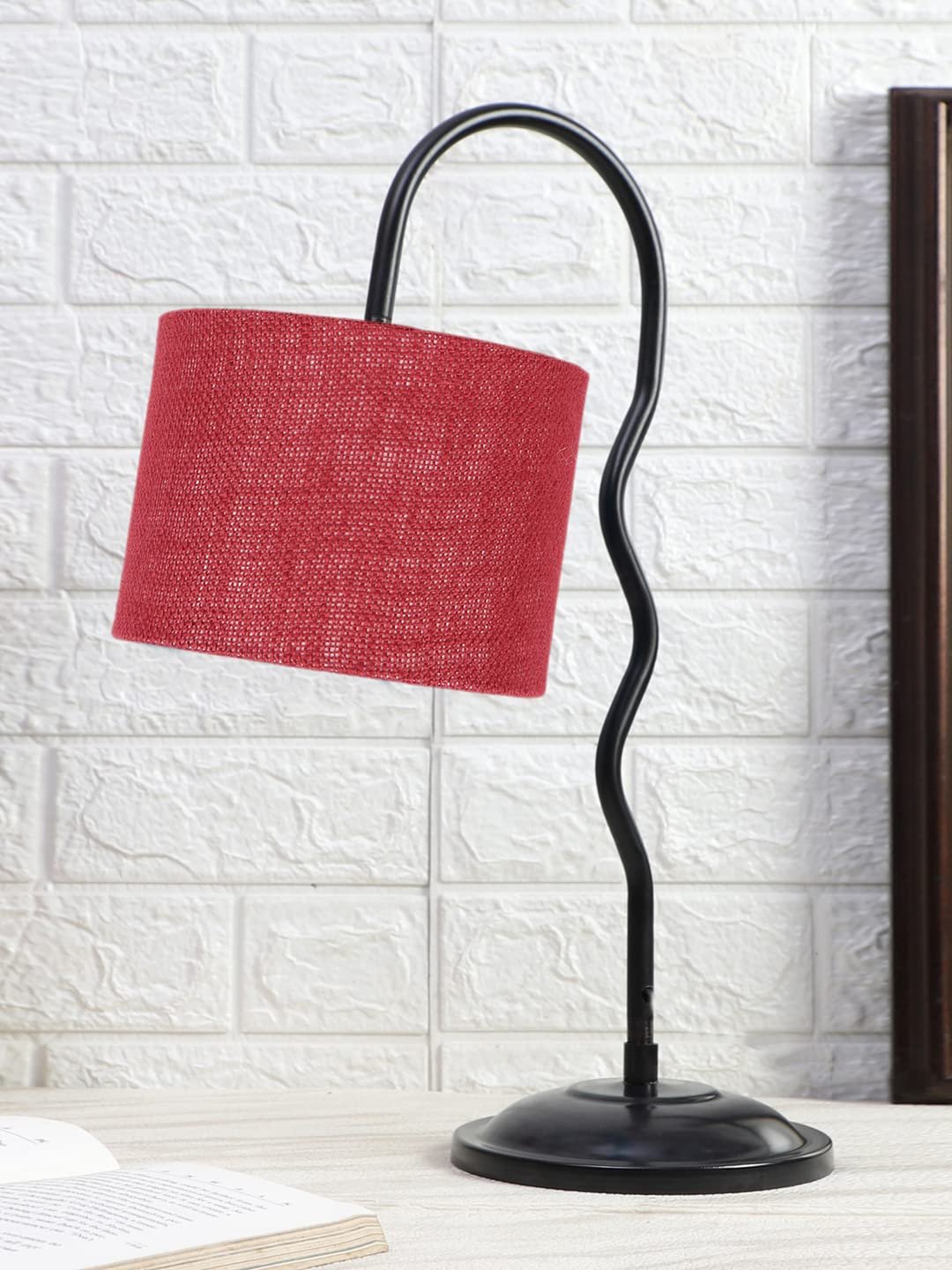 Jute Zig Zag Curvy Table Lamp with Iron Base for Home/Office/Gifting - (Size : 13x7x18.9Inches, Colour : Maroon) (SP33)