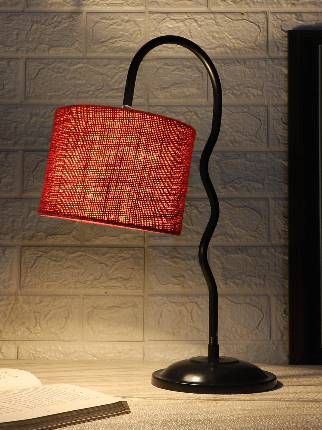 Jute Zig Zag Curvy Table Lamp with Iron Base for Home/Office/Gifting - (Size : 13x7x18.9Inches, Colour : Maroon) (SP33)