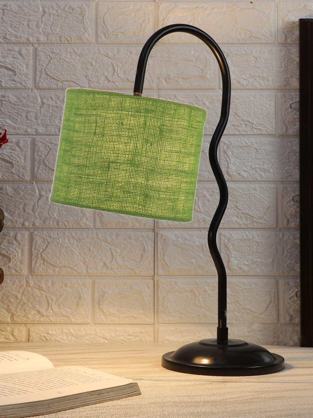 Jute Zig Zag Curvy Table Lamp with Iron Base for Home/Office/Gifting - (Size : 13x7x18.9Inches, Colour : Green) (SP38)