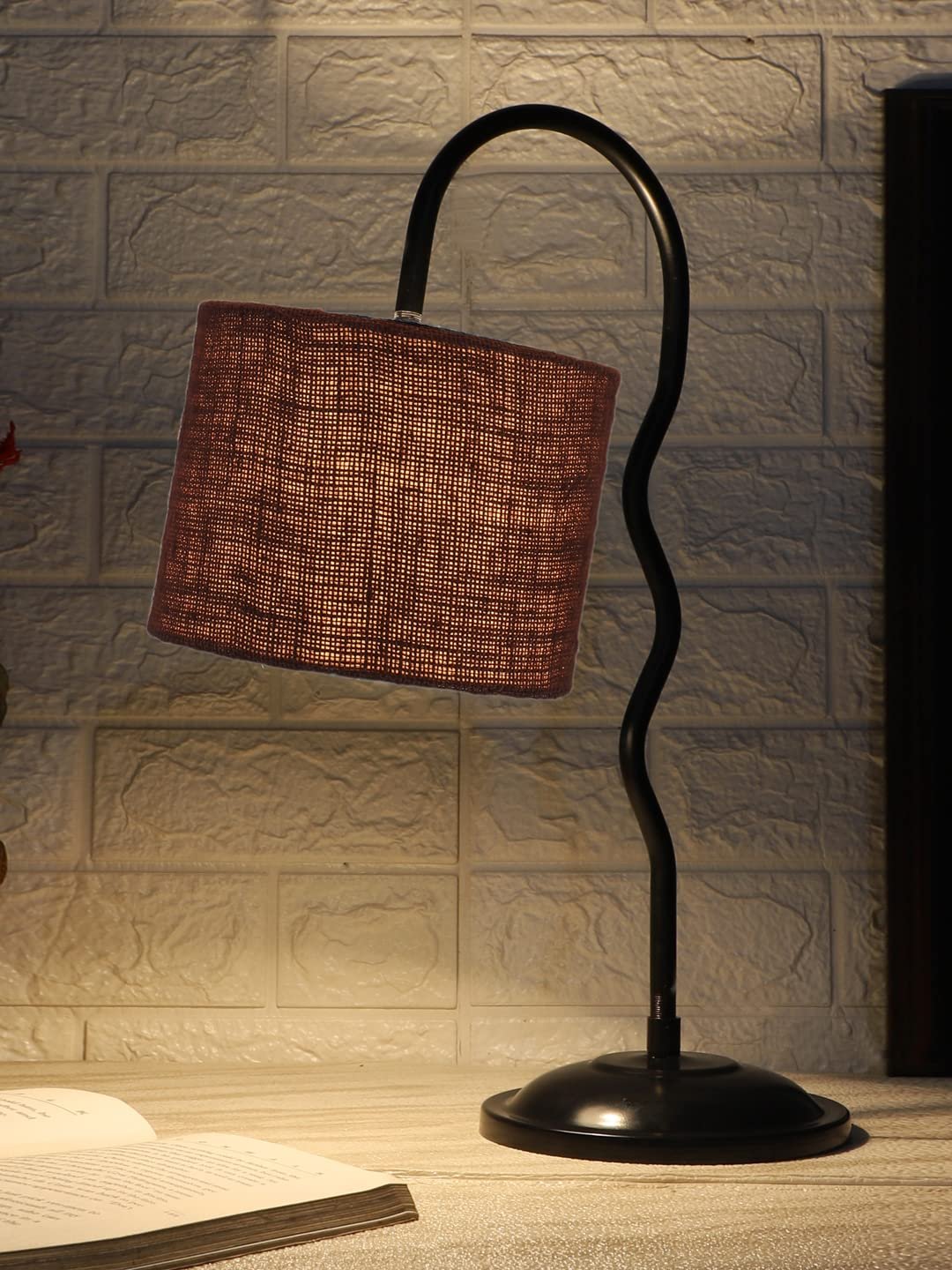 Jute Zig Zag Curvy Table Lamp with Iron Base for Home/Office/Gifting - (Size : 13x7x18.9, Colour : Brown) (SP39)