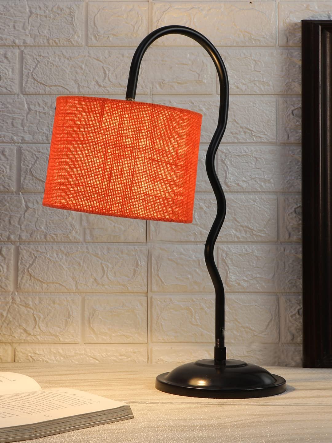 Jute Zig Zag Curvy Table Lamp with Iron Base for Home/Office/Gifting - (Size : 13x7x18.9Inches, Colour : Orange) (SP41)