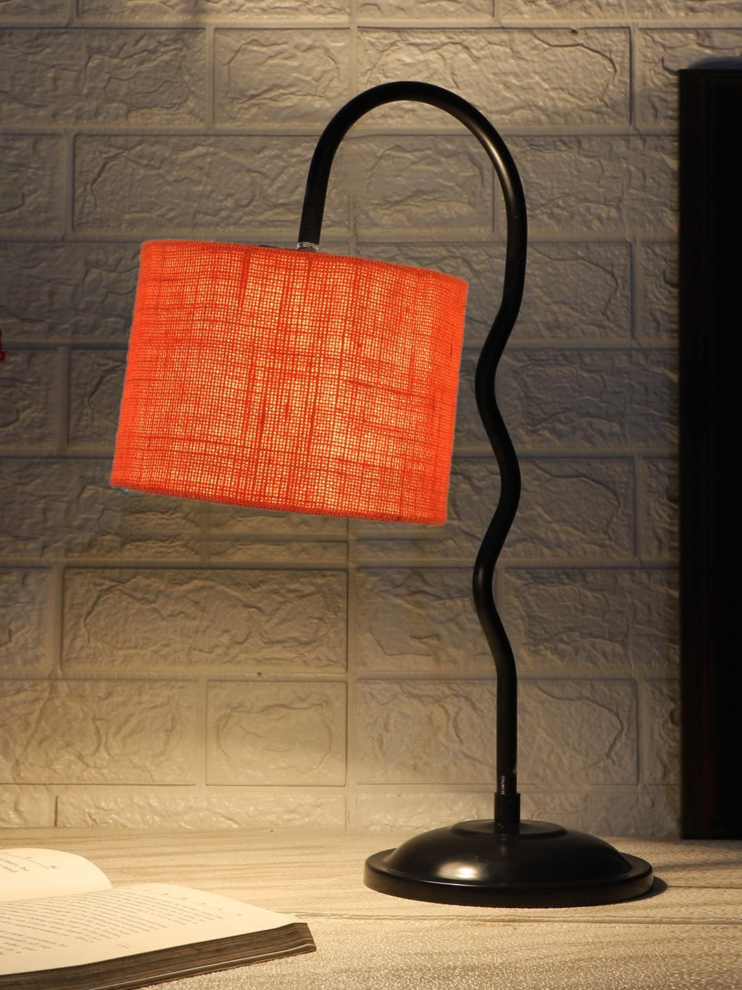 Jute Zig Zag Curvy Table Lamp with Iron Base for Home/Office/Gifting - (Size : 13x7x18.9Inches, Colour : Orange) (SP41)