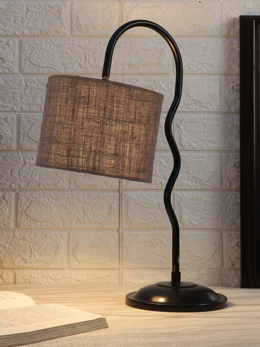 Jute Zig Zag Curvy Table lamp with Iron Base for Home/Office/Gifting - (Size : 13x7x18.9Inches, Colour : Grey) (SP42)