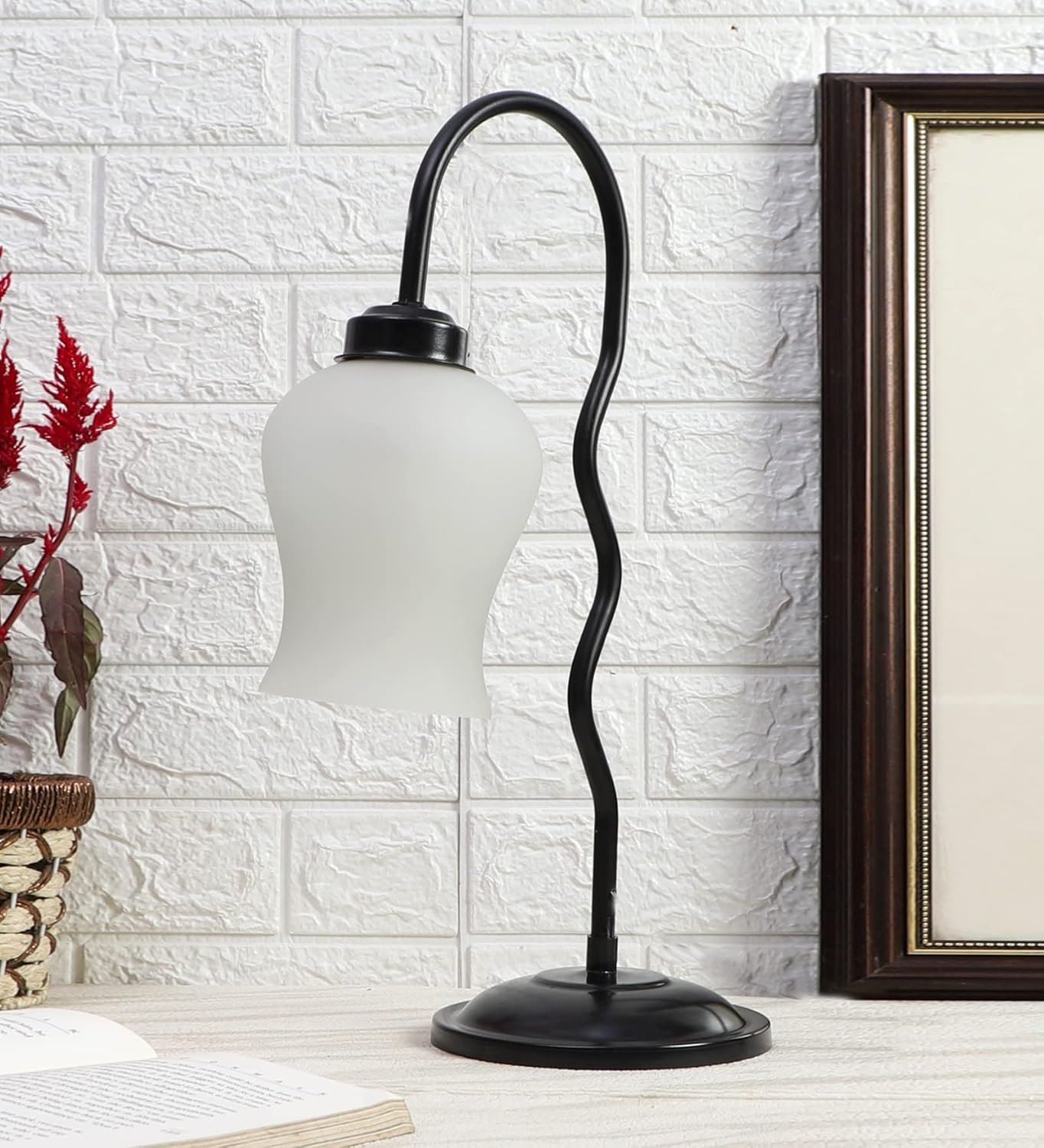 Milky Frosted Glass Zig Zag Curvy Table lamp with Iron Base for Home/Office/Gifting - (Size : 11x4.25x18.9Inches) (SP46)